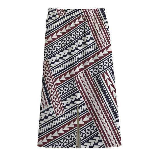 Maori Tribal Pattern Print Cotton Front Slit Maxi Skirt