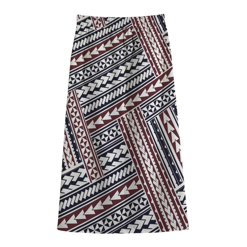 Maori Tribal Pattern Print Cotton Front Slit Maxi Skirt