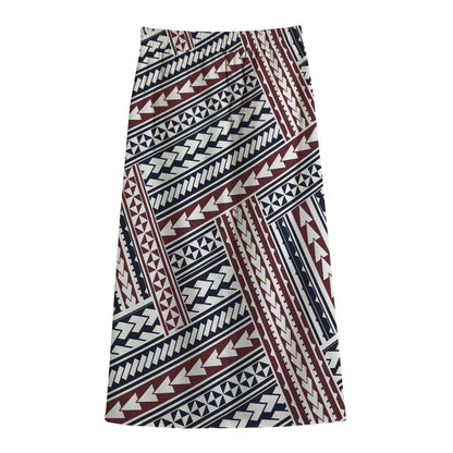 Maori Tribal Pattern Print Cotton Front Slit Maxi Skirt