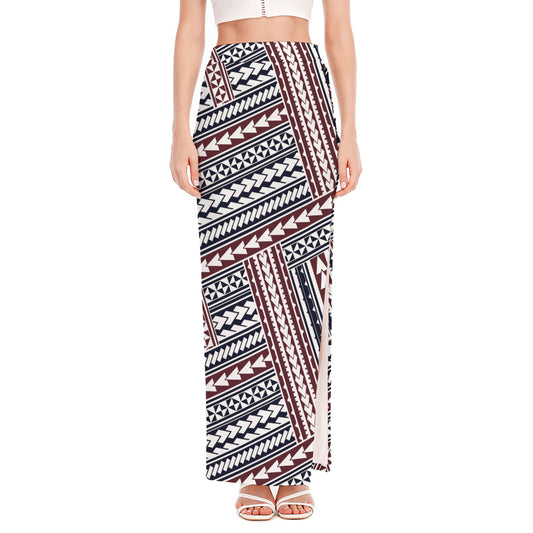 Maori Tribal Pattern Print High Slit Maxi Skirt