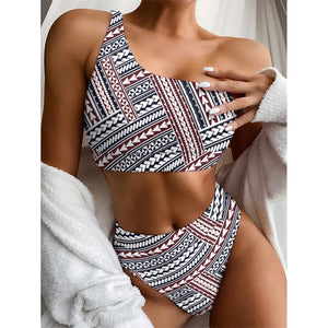 Maori Tribal Pattern Print One Shoulder Bikini Top