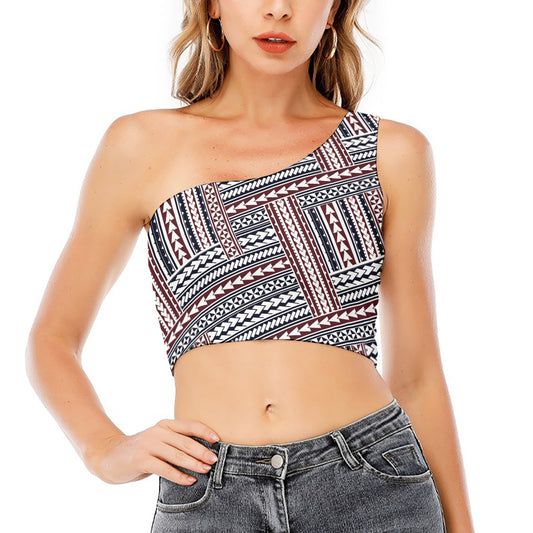 Maori Tribal Pattern Print One Shoulder Crop Top