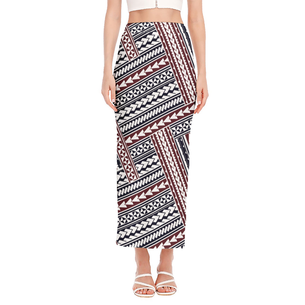 Maori Tribal Pattern Print Side Slit Maxi Skirt