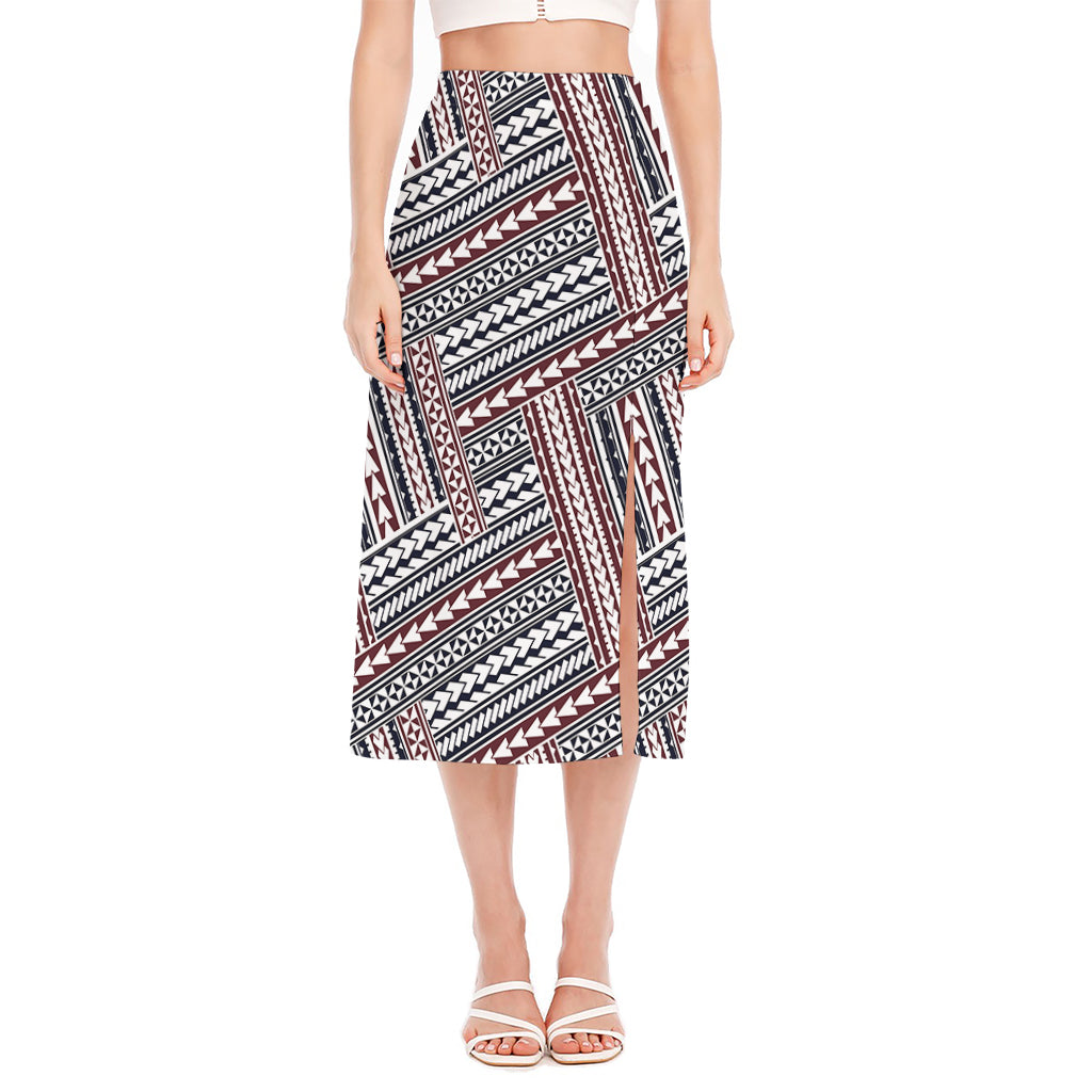 Maori Tribal Pattern Print Side Slit Midi Skirt