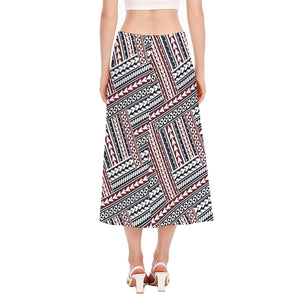 Maori Tribal Pattern Print Side Slit Midi Skirt