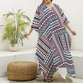 Maori Tribal Pattern Print Silk V-Neck Kaftan Dress