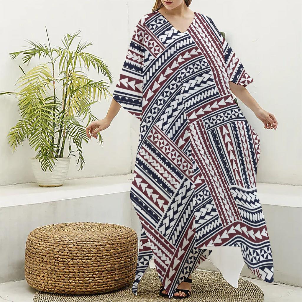 Maori Tribal Pattern Print Silk V-Neck Kaftan Dress