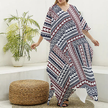 Maori Tribal Pattern Print Silk V-Neck Kaftan Dress
