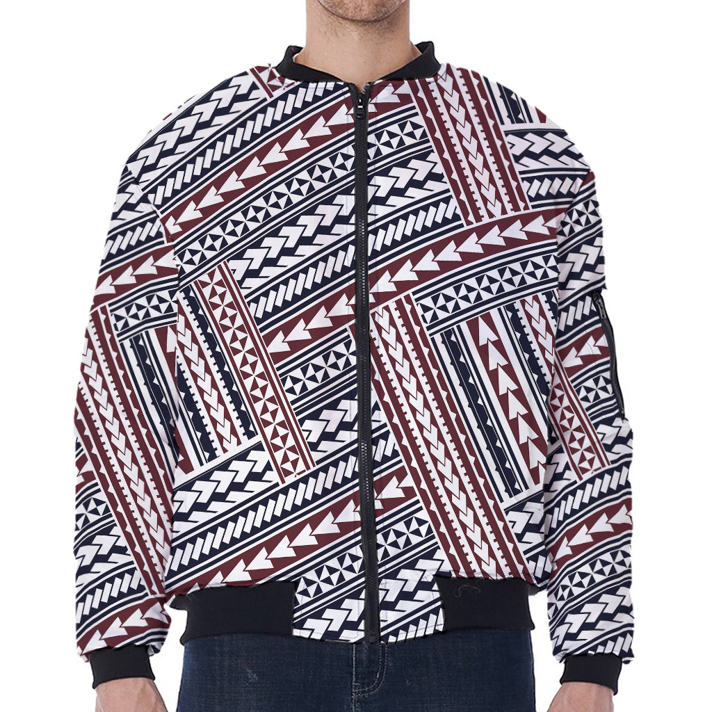 Maori Tribal Pattern Print Zip Sleeve Bomber Jacket