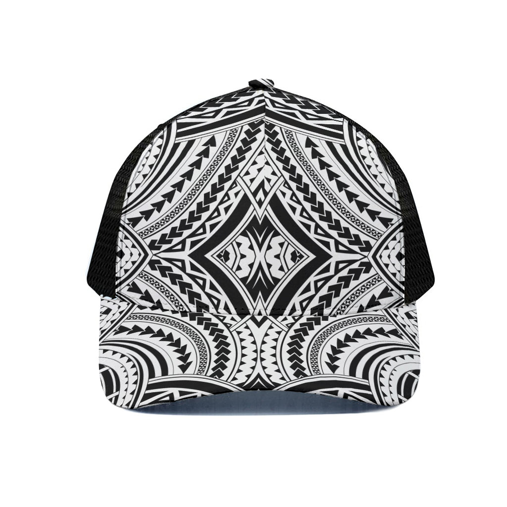 Maori Tribal Polynesian Tattoo Print Black Mesh Trucker Cap