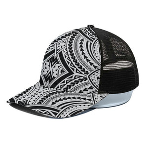 Maori Tribal Polynesian Tattoo Print Black Mesh Trucker Cap