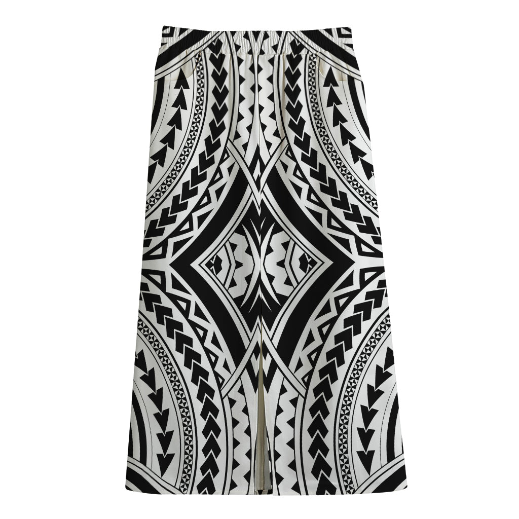 Maori Tribal Polynesian Tattoo Print Cotton Front Slit Maxi Skirt