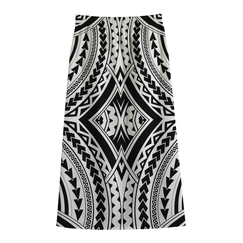 Maori Tribal Polynesian Tattoo Print Cotton Front Slit Maxi Skirt