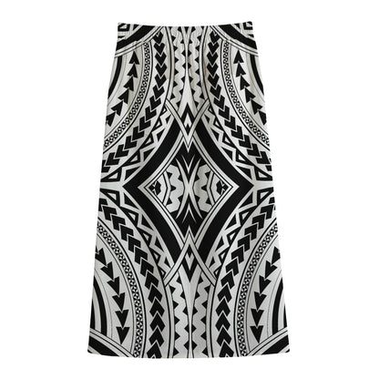 Maori Tribal Polynesian Tattoo Print Cotton Front Slit Maxi Skirt
