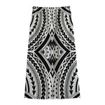 Maori Tribal Polynesian Tattoo Print Cotton Front Slit Maxi Skirt