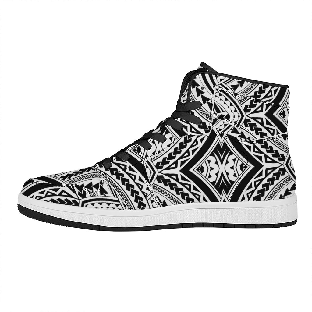 Maori Tribal Polynesian Tattoo Print High Top Leather Sneakers