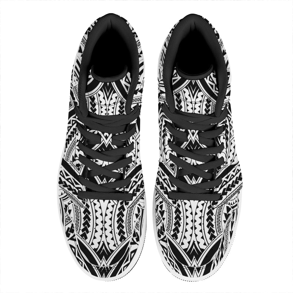 Maori Tribal Polynesian Tattoo Print High Top Leather Sneakers