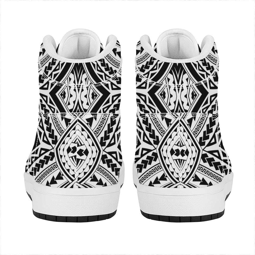 Maori Tribal Polynesian Tattoo Print High Top Leather Sneakers