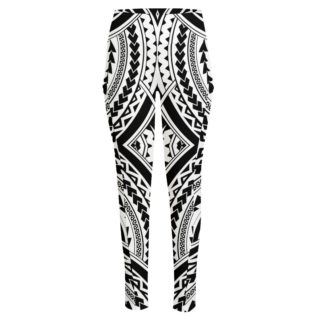 Maori Tribal Polynesian Tattoo Print High-Waisted Pocket Leggings