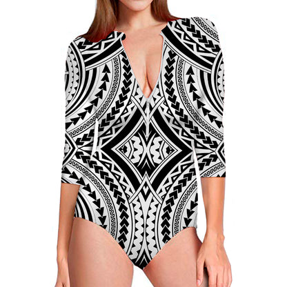 Maori Tribal Polynesian Tattoo Print Long Sleeve Swimsuit