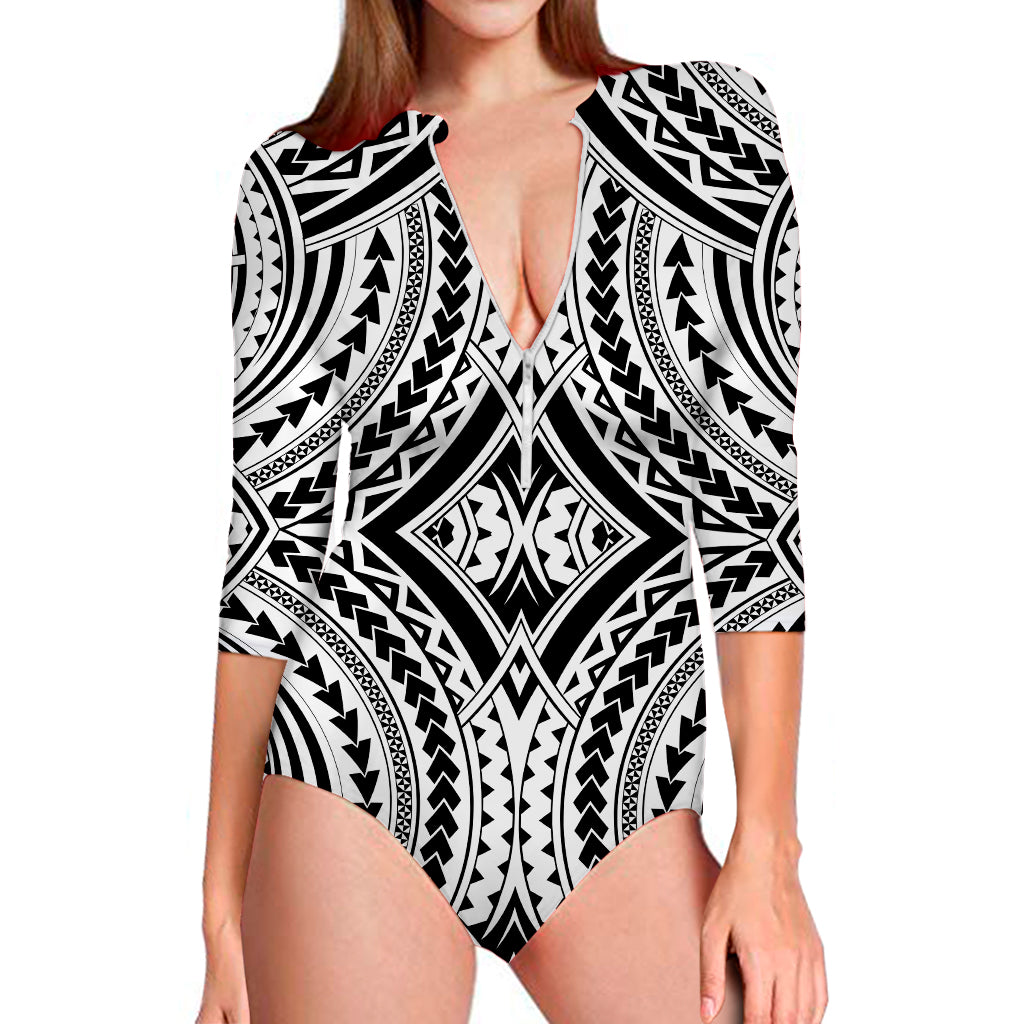 Maori Tribal Polynesian Tattoo Print Long Sleeve Swimsuit