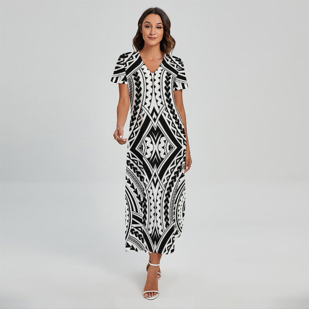 Maori Tribal Polynesian Tattoo Print Short Sleeve Maxi Dress