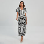 Maori Tribal Polynesian Tattoo Print Short Sleeve Maxi Dress