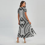 Maori Tribal Polynesian Tattoo Print Short Sleeve Maxi Dress