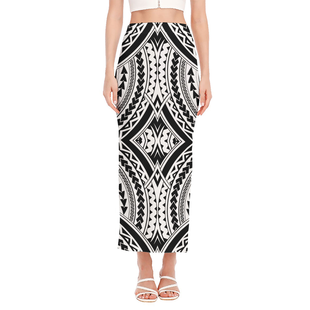 Maori Tribal Polynesian Tattoo Print Side Slit Maxi Skirt