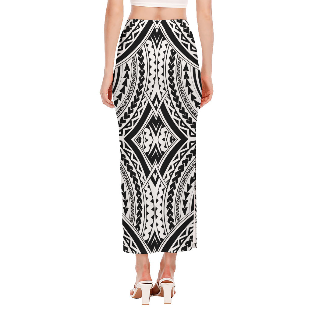 Maori Tribal Polynesian Tattoo Print Side Slit Maxi Skirt