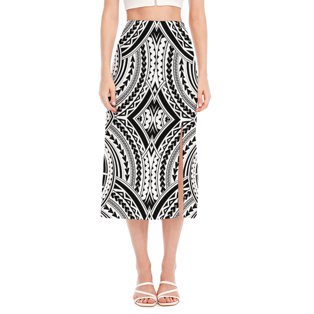 Maori Tribal Polynesian Tattoo Print Side Slit Midi Skirt