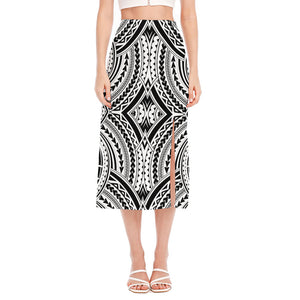 Maori Tribal Polynesian Tattoo Print Side Slit Midi Skirt