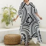 Maori Tribal Polynesian Tattoo Print Silk V-Neck Kaftan Dress