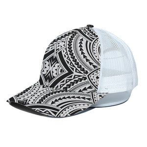 Maori Tribal Polynesian Tattoo Print White Mesh Trucker Cap