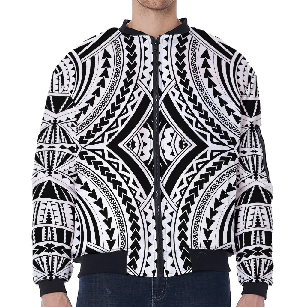 Maori Tribal Polynesian Tattoo Print Zip Sleeve Bomber Jacket