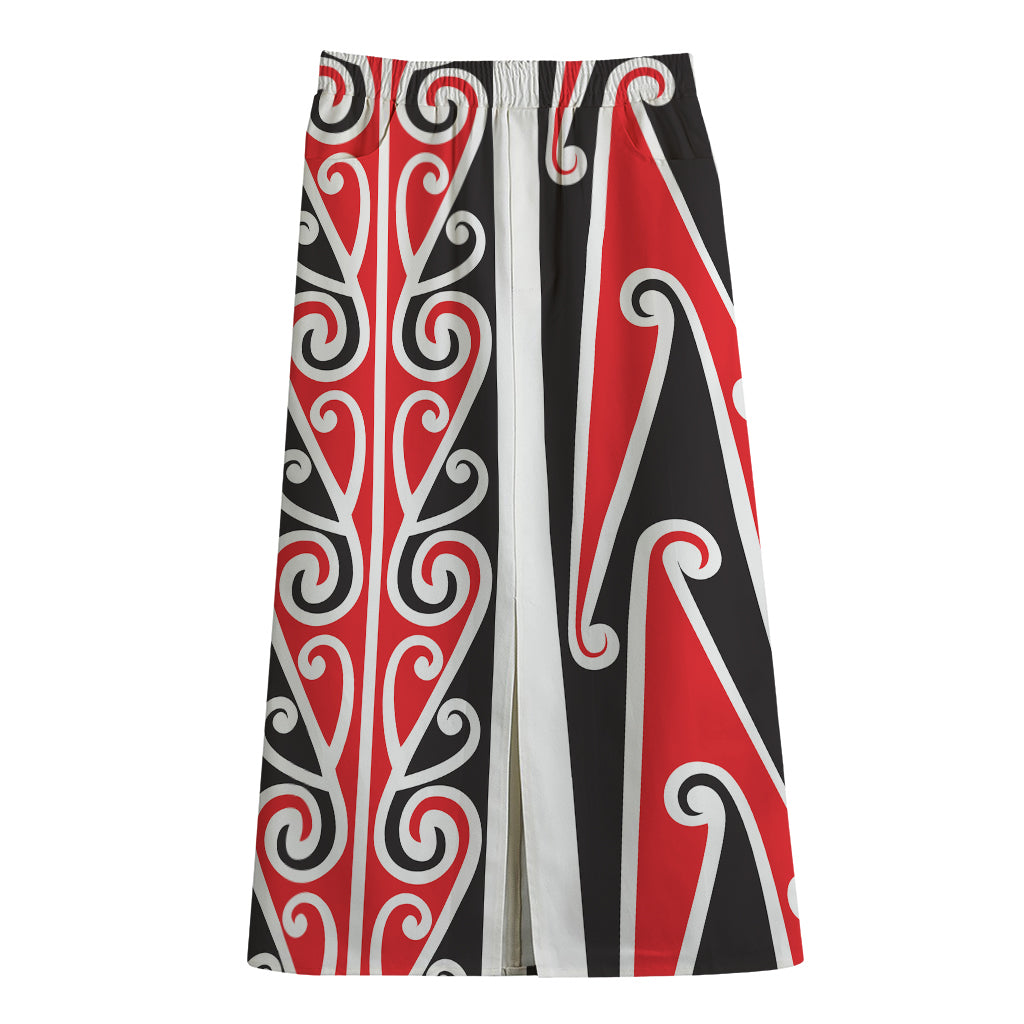 Maori Tribal Print Cotton Front Slit Maxi Skirt