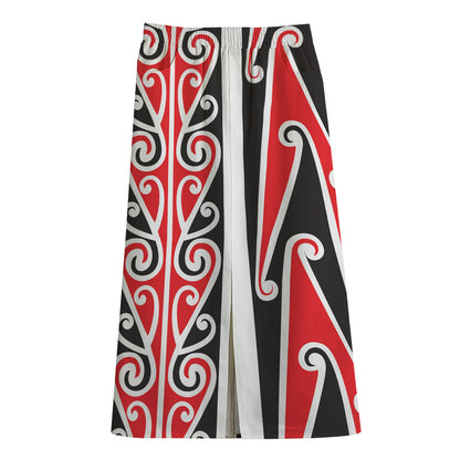 Maori Tribal Print Cotton Front Slit Maxi Skirt