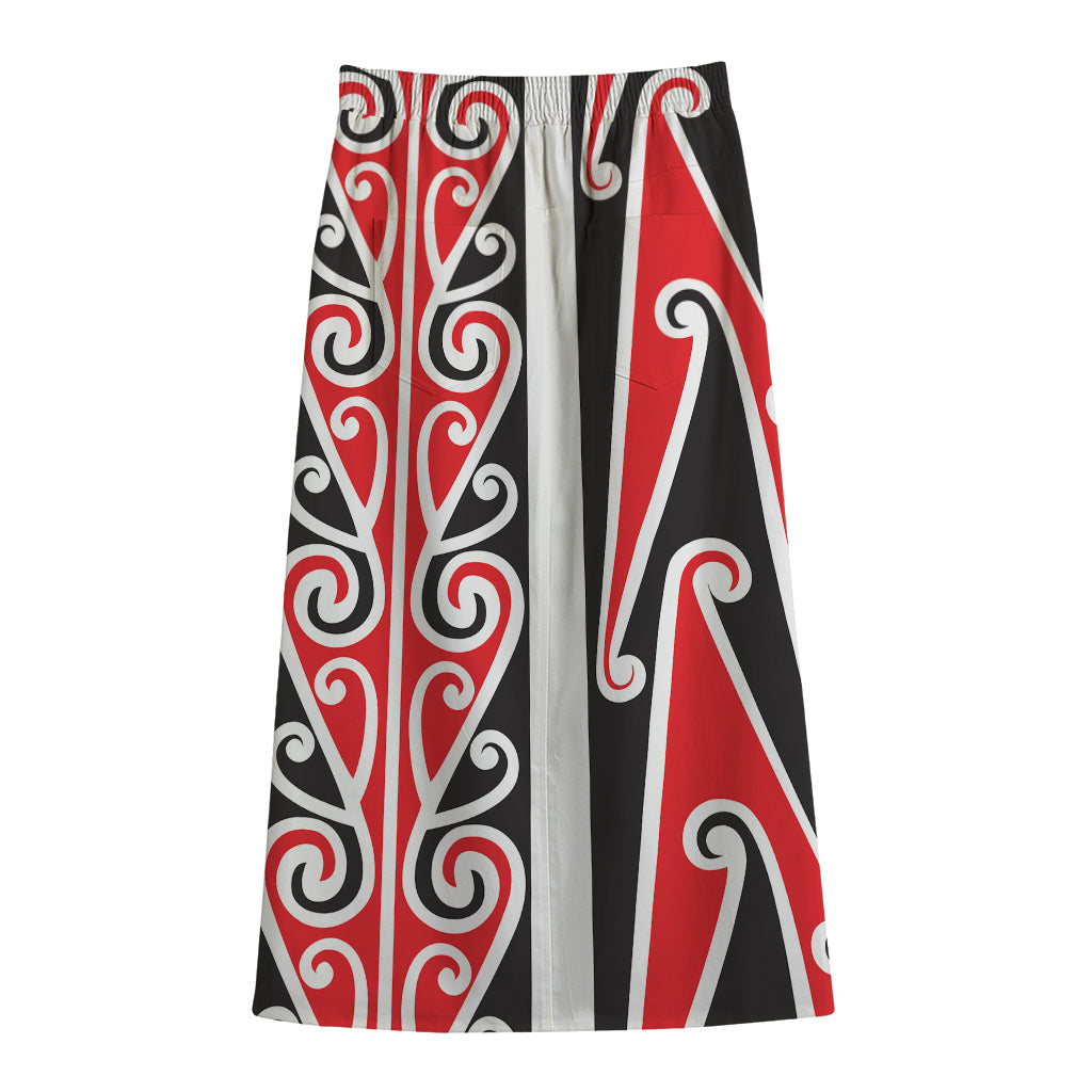 Maori Tribal Print Cotton Front Slit Maxi Skirt