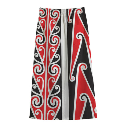 Maori Tribal Print Cotton Front Slit Maxi Skirt