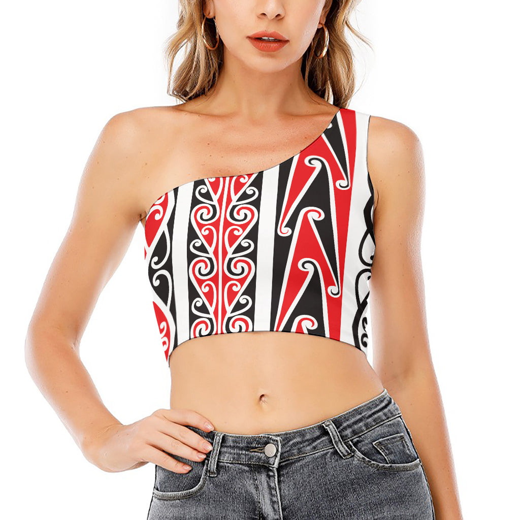 Maori Tribal Print One Shoulder Crop Top