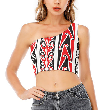 Maori Tribal Print One Shoulder Crop Top