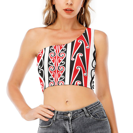 Maori Tribal Print One Shoulder Crop Top