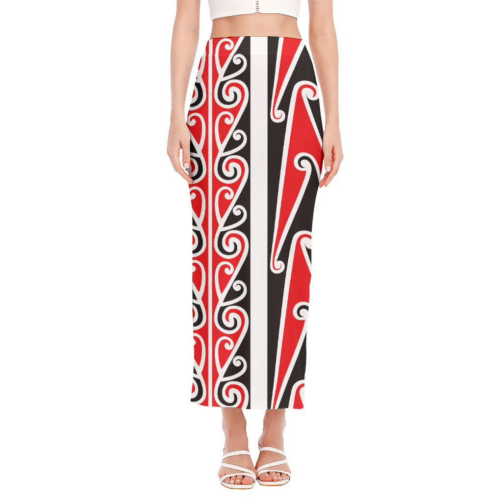 Maori Tribal Print Side Slit Maxi Skirt