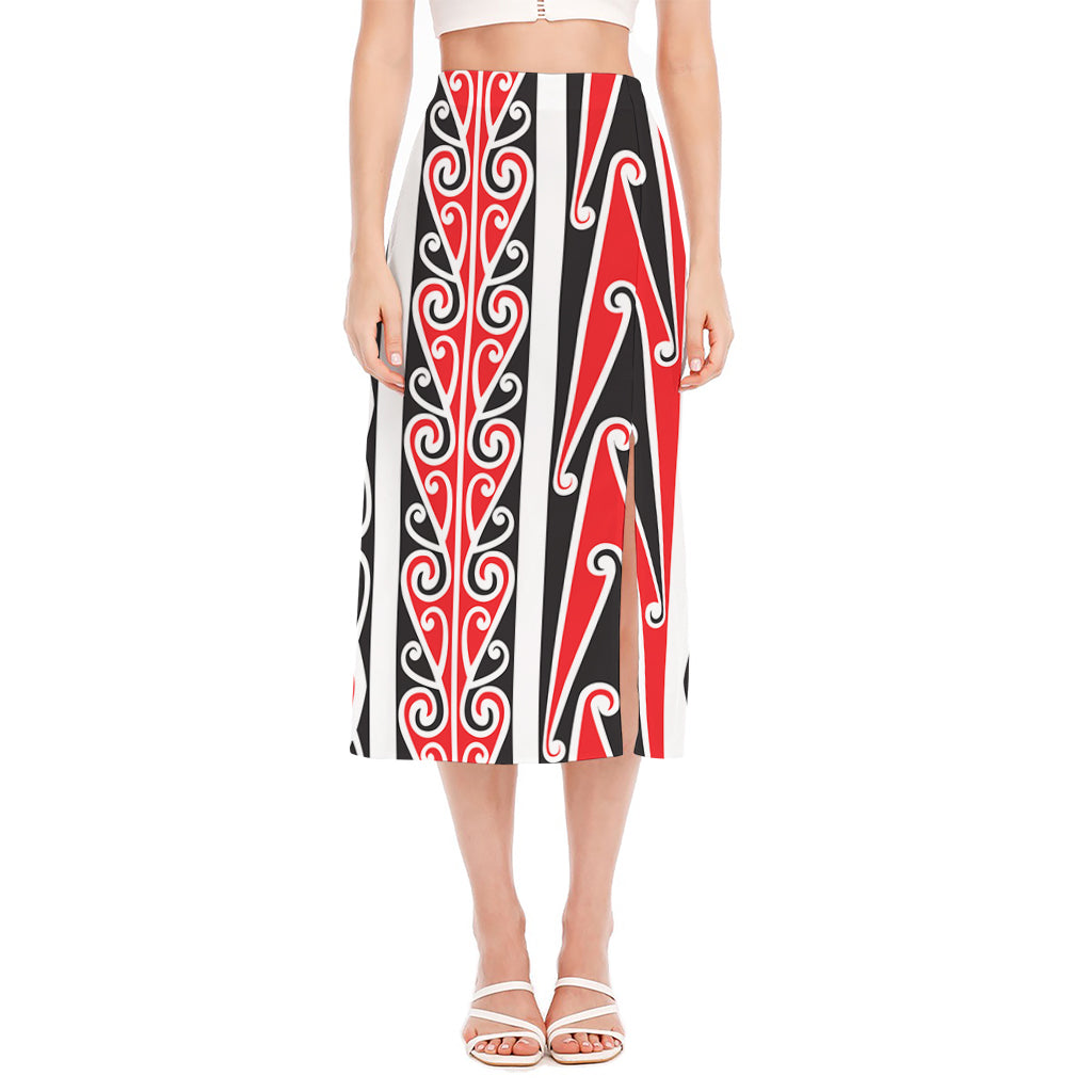 Maori Tribal Print Side Slit Midi Skirt