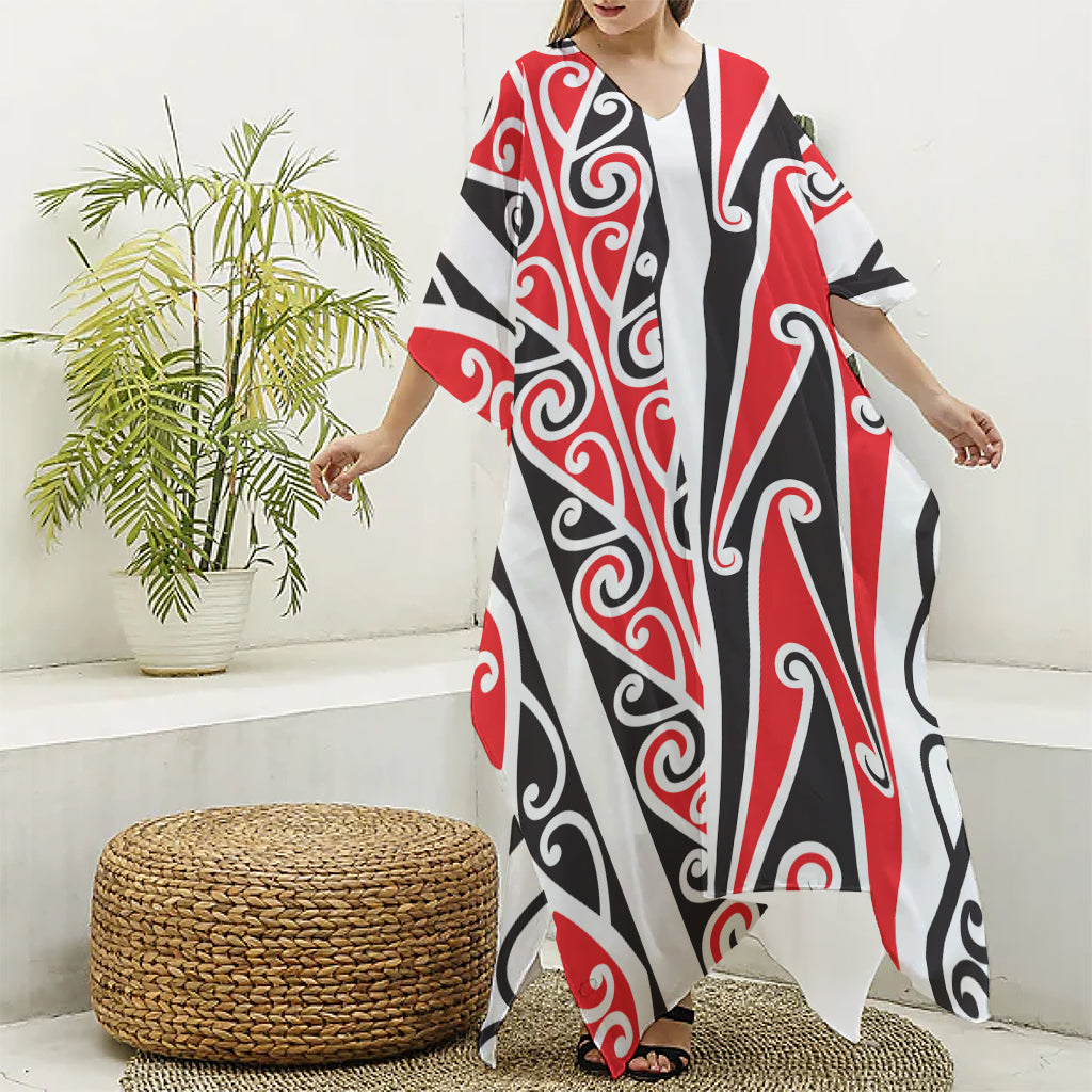 Maori Tribal Print Silk V-Neck Kaftan Dress