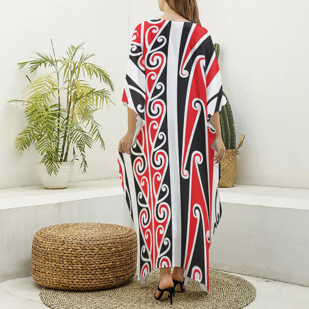 Maori Tribal Print Silk V-Neck Kaftan Dress