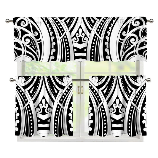 Maori Tribal Tattoo Pattern Print 3 Piece Kitchen Curtains