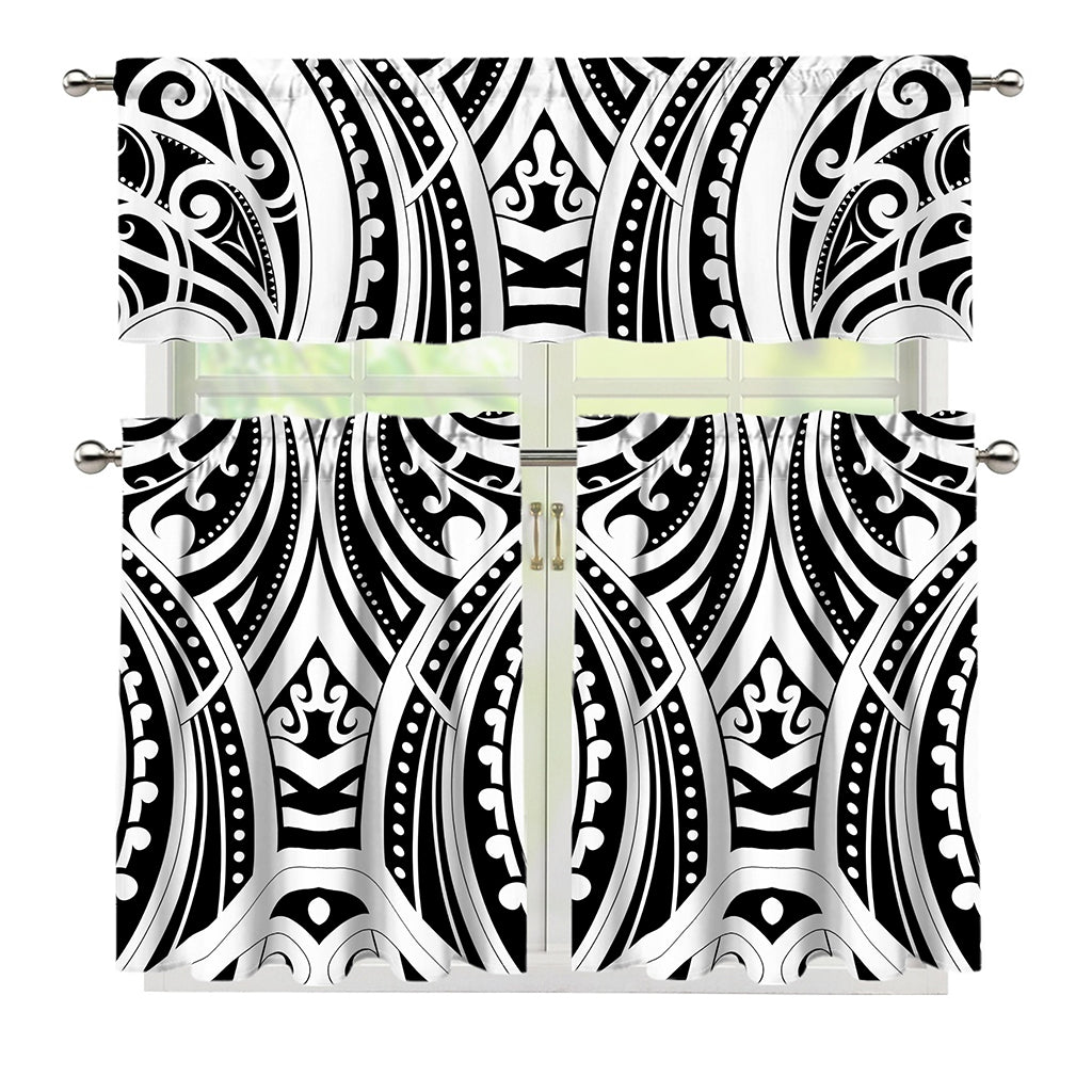 Maori Tribal Tattoo Pattern Print 3 Piece Kitchen Curtains