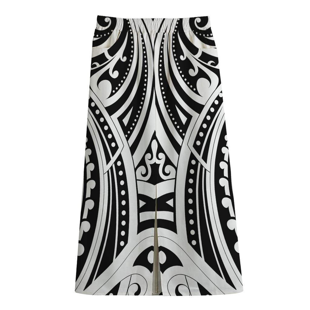 Maori Tribal Tattoo Pattern Print Cotton Front Slit Maxi Skirt