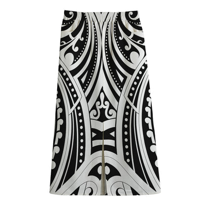 Maori Tribal Tattoo Pattern Print Cotton Front Slit Maxi Skirt